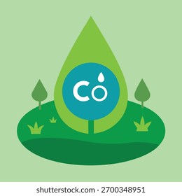 Símbolo de Gota Verde com C O2 e Árvores em dióxido de carbono de Colina