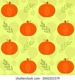 Green Droplet Pattern Background Decorate With Leaves And Pumpkins.