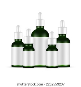 Green Dropper Bottles With Blank Labels, Various Sizes, Isolated on White Background. Vector Illustration