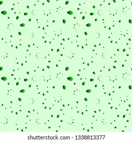 A lot of green drops and petals on a grassy background in mother of pearl. Inflorescences of petals and dew drops for decoration of abstract objects of nature and products.