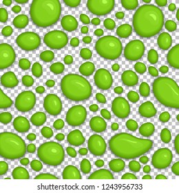 Green drops of toy slime isolated on transparent background. Seamless pattern of lime dribble slime. Popular kids relaxing game vector illustration. Realistic zombie slime bubbles of different shapes