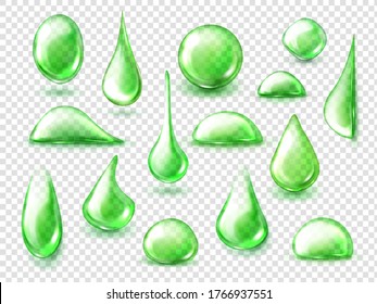 Green drops of water, lime juice, herbal tea or slime liquid drips. Natural cosmetics or fruit drink clear droplets of different shapes isolated on transparent background realistic 3d vector icons set