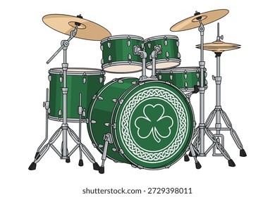 Green drum kit with shamrock, celtic knot, music, percussion, st patrick's day celebration