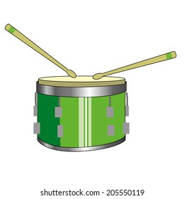 a green drum with a pair of drumsticks in white background