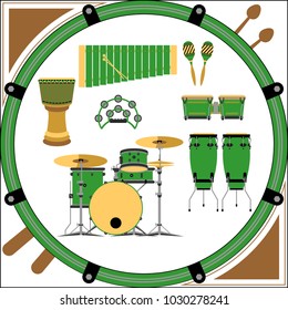 Green drum and percussion musical instruments set vector illustration