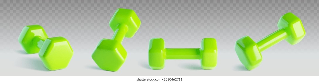 Green dumbbell for gym exercise in different angles on transparent background. Realistic 3d vector set of flying sport weight equipment for fitness and yoga training, healthy and active lifestyle.