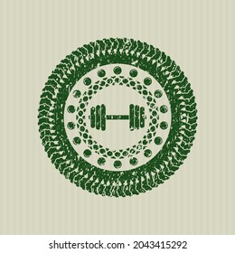 Green dumbbell icon inside distressed rubber grunge stamp. 