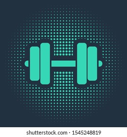 Green Dumbbell icon isolated on blue background. Muscle lifting icon, fitness barbell, gym icon, sports equipment symbol, exercise bumbbell. Abstract circle random dots. Vector Illustration