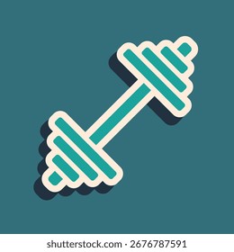 Green Dumbbell icon isolated on green background. Muscle lifting icon, fitness barbell, gym, sports equipment, exercise bumbbell. Long shadow style. Vector