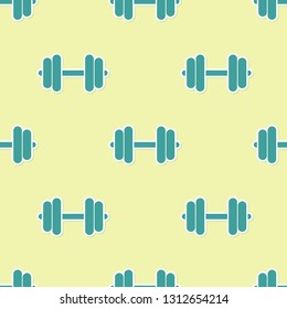 Green Dumbbell icon isolated seamless pattern on yellow background. Muscle lifting icon, fitness barbell, gym icon, sports equipment symbol, exercise bumbbell. Vector Illustration