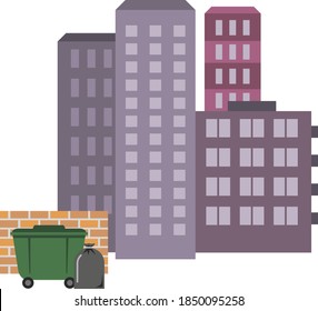 Basura verde y una bolsa negra llena de basura cerca de una pared de ladrillo. Basura en el fondo de las casas de la ciudad. El problema de la ecología y la basura, la recogida y el tratamiento de residuos. Infografía plana. Vector