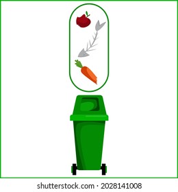 A green dumpster. Disposal of food waste with food residues. A dumpster. Vector illustration in a flat style. Garbage
