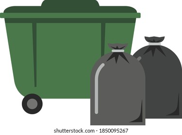Green dumpster and a full black garbage bags isolated on a white background. The problem of ecology and garbage, waste collection and processing. Flat infographics. Vector illustration