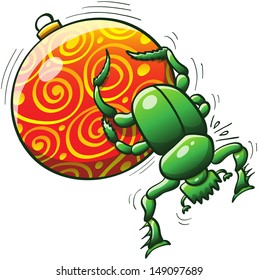 Green dung beetle making its best effort to push and roll a beautifully decorated Christmas ball with its middle and hind legs