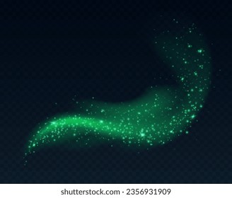 Green dust cloud with sparkles isolated on dark background. Stardust sparkling background. Glowing glitter smoke or splash. Vector illustration. Christmas or Halloween decoration.