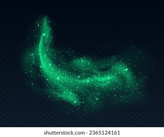 Green dust cloud with sparkles isolated on dark background. Stardust sparkling background. Glowing glitter smoke or splash. Vector illustration. Christmas or Halloween decoration.