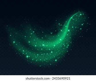 Green dust cloud with sparkles isolated on dark background. Stardust sparkling background. Glowing glitter smoke or splash. Vector illustration. Christmas or Halloween decoration.