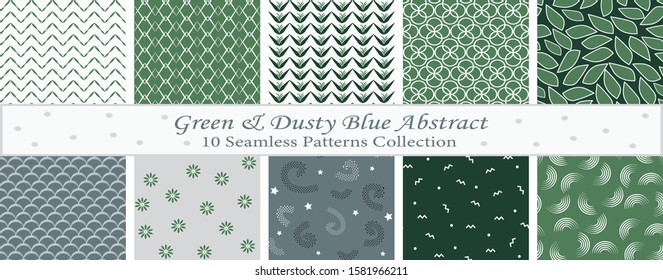 Green & Dusty Blue Abstract Set of 10 Seamless Patterns, Great for For Backgrounds, Wallpapers, Fabrics and many more Designs