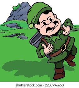 Minero enano verde con mochila en la espalda - Dibujo gráfico de color con fondo, vector