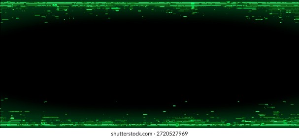 Green dynamic glitch effect on black screen for digital technology background. Data stream and computer hacker concept. Creative neon texture.