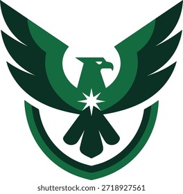 Logotipo de emblema de águila verde con escudo de alas y Ilustración vectorial de símbolo de estrella