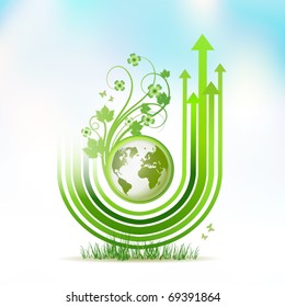 Green Earth with green arrow stripes over sky background, vector illustration