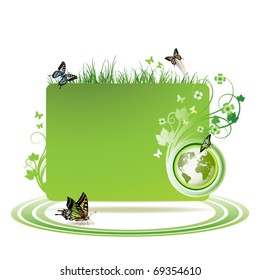 Green earth background with butterflies, vector illustration
