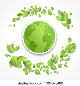 Green earth background for design banner,ticket, leaflet and so on.Template page for Earth day. Holiday card. Green globe and leaves.