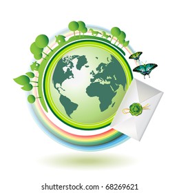 Green earth with butterflies and envelope isolated on white background