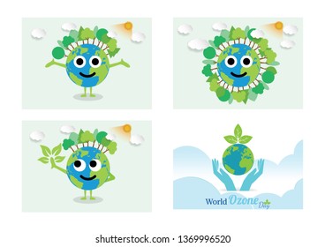  Green earth of a cartoon design earth planet globe with environment elements around tree.Vector illustration