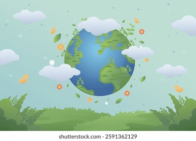 Green earth with clouds, flowers, and butterflies. Ideal for Eco friendly designs, environmental campaigns, nature related projects, and sustainable concepts.