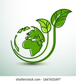 Green earth concept with leaves line art ,vector illustration