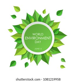 Green earth concept with paper cutout green leaves. World Environment Day, June 5. Ecology, environment, nature protection concept. Template for banner, poster, leaflet. Vector illustration