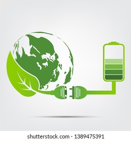 Green earth Concept Power plug leaves ecology battery emblem.Vector illustration 