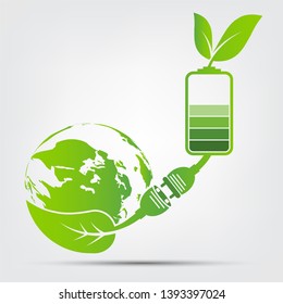 Green earth Concept Power plug leaves ecology battery emblem.Vector illustration 