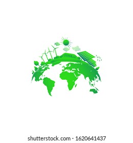 Green Earth concept. Solar and wind power. Green sustainable energy, ecology development environment, sustainable development concept.