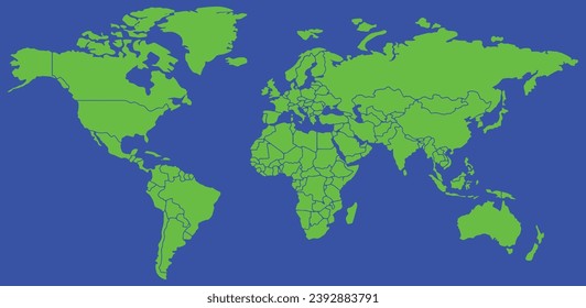 Landkarte der grünen Kontinente, flache, vereinfachte Erdkarte, Vektorgrafik einzeln auf blauem Hintergrund