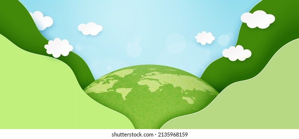 Green earth with Earth Day and World Environment Day concept.Paper art of ecology and environment.Vector illustration.