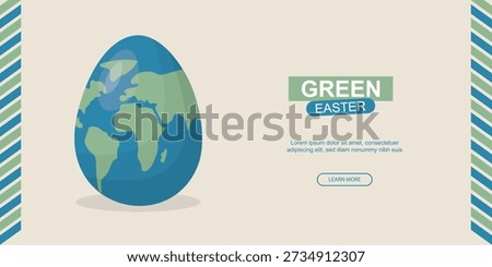 Green Earth Easter egg banner. Green earth globe egg perfect for eco-friendly holiday greetings, spring promotions and sustainability themes. Sustainable easter concept. Vector illustration