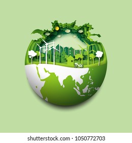 Green earth of eco friendly city and urban forest landscape abstract background.Renewable energy for ecology and environment conservation concept paper art design.Vector illustration. - Shutterstock ID 1050772703