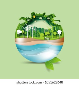 Green earth of eco friendly city and urban landscape abstract background.Save water for ecology and environment conservation concept paper art design.Vector illustration.