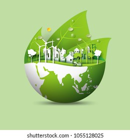 Green earth of eco friendly city and urban forest landscape abstract background.Renewable energy for ecology and environment conservation concept paper art design.Vector illustration.