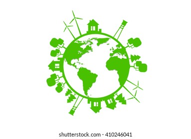 Green Earth Eco Globe Silhouette Wind Turbine Tree Flat Vector Illustration