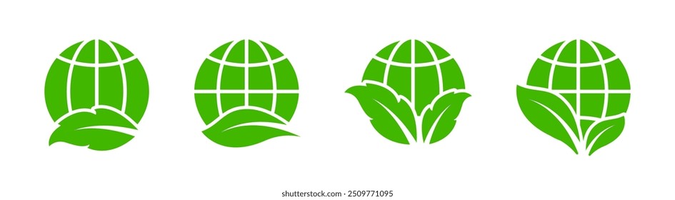 Green earth. Eco planet icons Planet with leaves Vector illustration. Ecology Planet