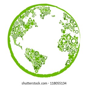 Green earth with ecological symbols. Vector illustration