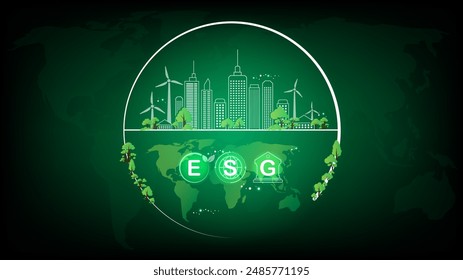 Green earth ESG icon for Environment Social and Governance. Solving environmental, social and management problems with figure icons. On map world.