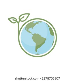 Green earth. Global ecology icon. Planet with plant leaves growing illustration.
