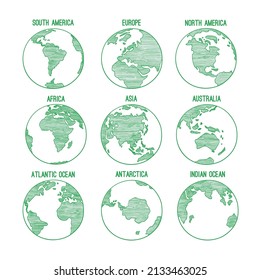 Green Earth globe doodle planet sketched map america india africa continents hand drawn illustrations globe world earth america africa continent worldwide.