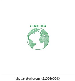 Green Earth globe doodle planet sketched map continents hand drawn illustrations globe world atlantic ocean vector.