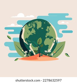 Green Earth Globe With Floral Plants On Abstract Background And Copy Space.